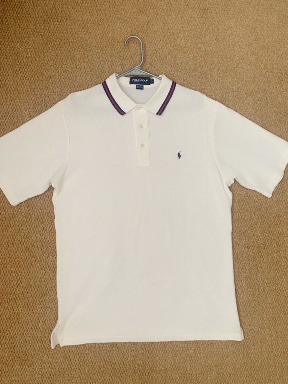 Polo Golf Ralph Lauren Cream White Cotton Polo Shirt Navy Red Trim Men’s L